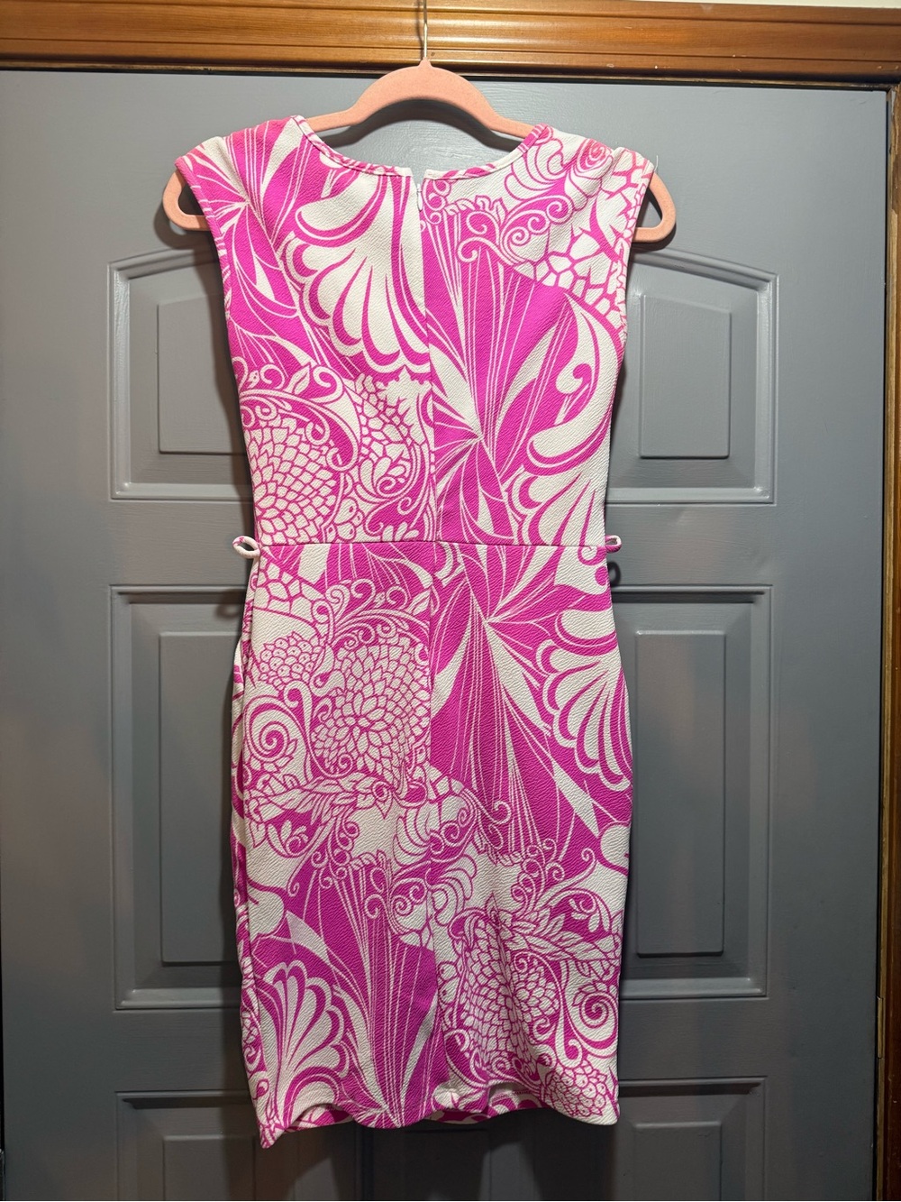 Pink -white tropical paisley peacock print vacation dress (small) with pockets! - Picture 11 of 14